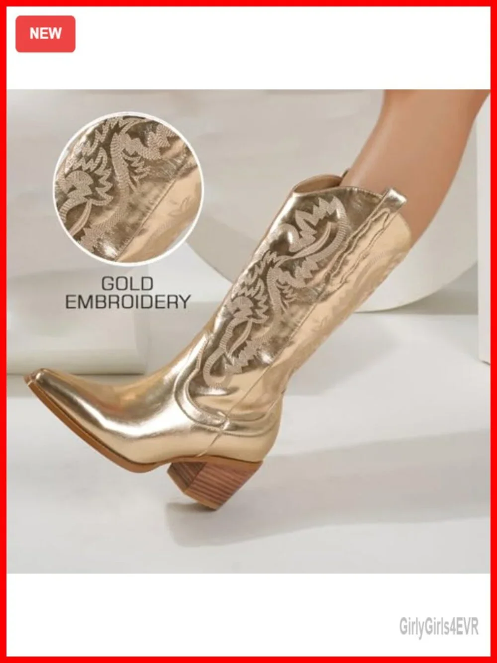 Sparkly Embroidered Cowboy Boots for Women Wide Calf Chunky Heel